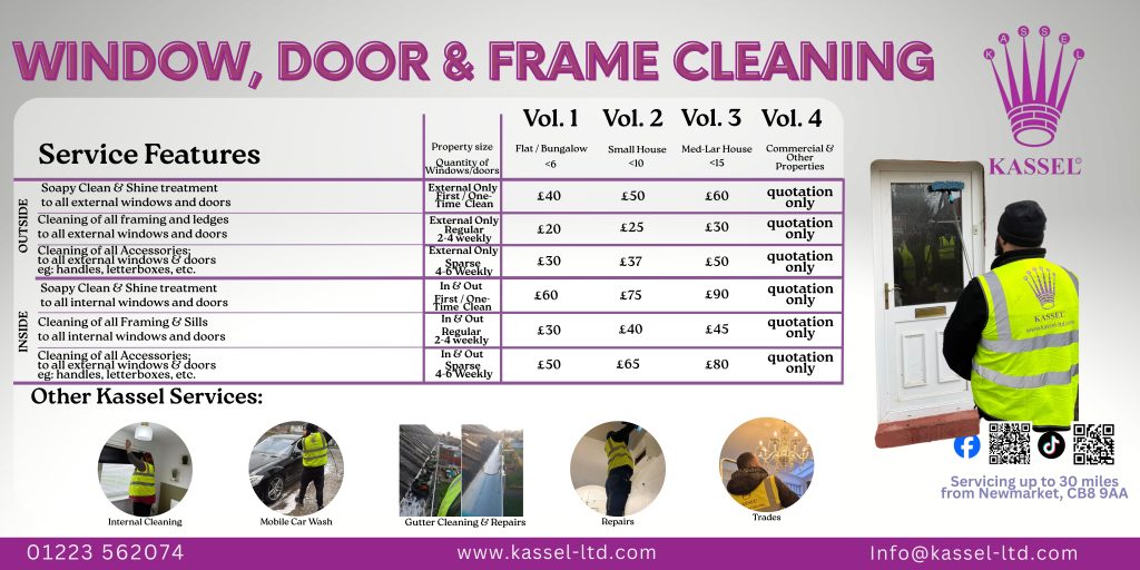 Window, Door & Frame Cleaning - up to 30 miles from newmarket CB8 9AA. Cambridge. Ely. Huntigdon